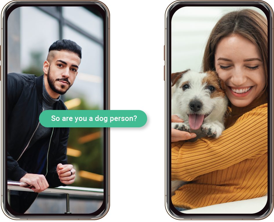 Woman with dog and man leaning on a railing on mobile screens - Man asks if she is a dog person in text bubble.