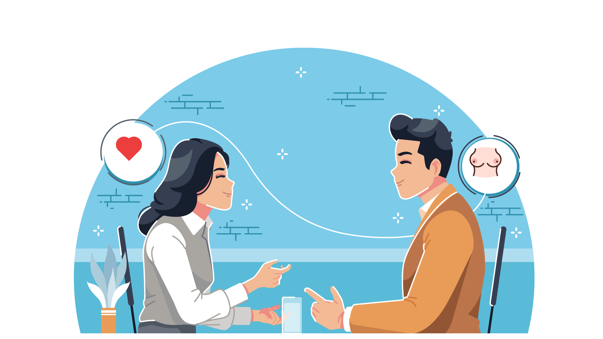 Lady with a thought bubble of a love heart, and man with a thought bubble of female breasts, at a table opposite each other.